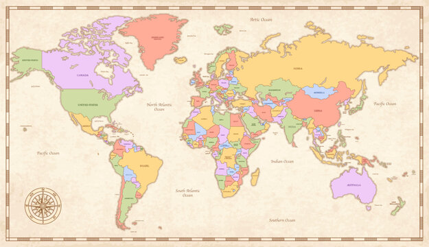 Textured vintage world map. English names. Vintage Vector illustration