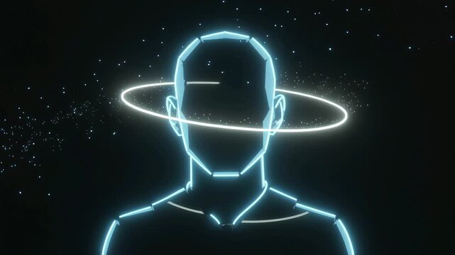 User icon hologram glowing with neon light. Abstract 3D customer profile with orbiting rings for digital identity and human centric concept on dark background.