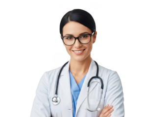 Smiling female physician wearing glasses and a white lab coat with a stethoscope around her neck isolated on transparent background