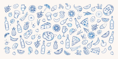 Hand drawn food and drink illustration in blue outline style
