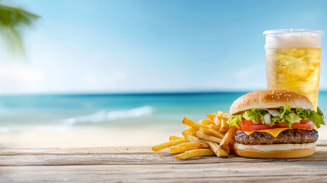 Delicious burger with fresh lettuce, tomato, and fries sits on wooden table by serene beach, accompanied by refreshing drink