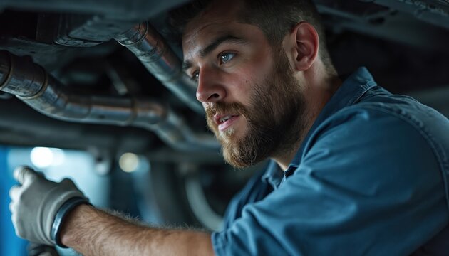 Mechanic works under car fixing exhaust system. Man in blue shirt uses wrench on auto part. Skilled repairman performs vehicle maintenance in garage.