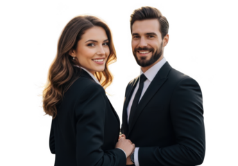 Professional business couple smiling confidently isolated on transparent background