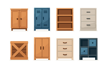 Cabinet and cupboard collection, wooden storage, flat vector illustration