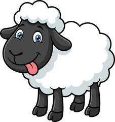 Cute cartoon sheep with fluffy white wool and playful expression sticking tongue out in adorable farm animal illustration for kids and educational content