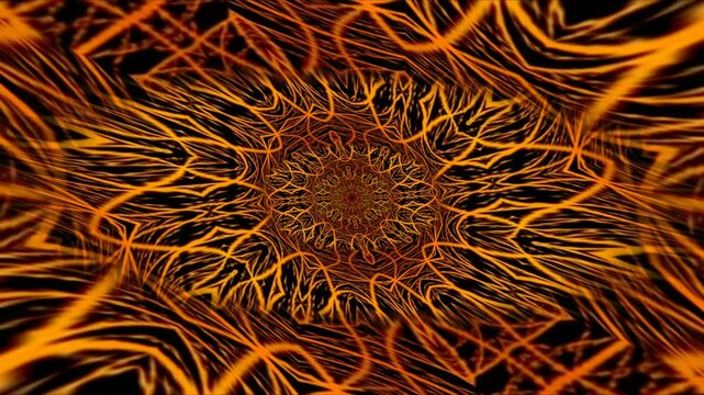 Golden Orange Fiery Fractal Mandala With Glowing Electric Wave Lines | Intense Abstract Energy Loop | 4K Seamless Animation