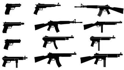 A collection of various firearms, including handguns, rifles, and submachine guns, presented in silhouette against a white background.