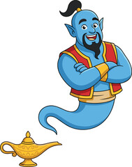 Friendly blue genie emerging from magical lamp, smiling character illustration representing fantasy wishes, adventure stories, fairy tale magic, and mythical cartoon design