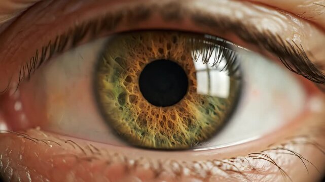Close up view of intricate brown and green human eye with visible iris patterns, pupil, and reflection. Detailed human eye showcasing complex biological structure and subtle skin textures.