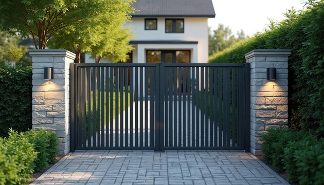 Modern dark grey aluminum gate stands closed at suburban house entrance. Stone pillars with outdoor lights flank paved driveway. Green hedges, trees surround property, creating private secure home in