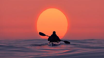 Silhouette of a kayaker on a tranquil body of water during a vibrant sunset.