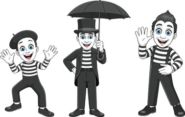 Three cheerful mime characters performing expressive poses with striped outfits, creative gestures, theatrical expressions, artistic entertainment, classic pantomime cartoon illustration