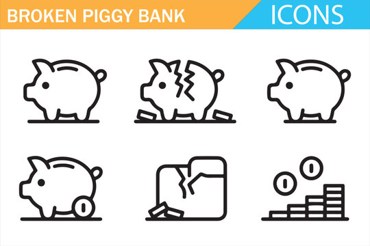 Piggy bank damage and broken savings outline icon collection vector set