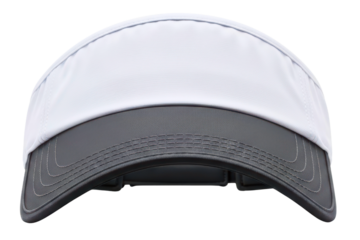 White and grey sports sun visor cap with curved brim on a transparent background
