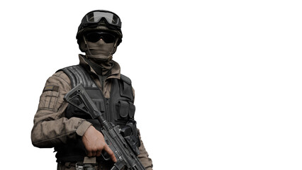 Obraz premium soldier stands holding a rifle in a neutral pose. soldier is dressed in tactical gear and wears sunglasses and a mask. background is white and plain. 3d render