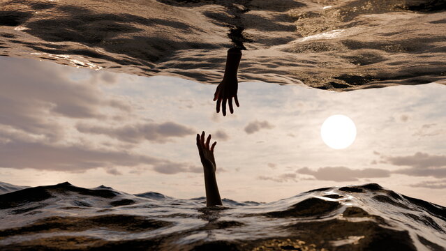 Two hands emerge from water as the sun sets in the background. scene shows the contrast between struggle and the fading light of day, capturing a moment of desperation. 3d render