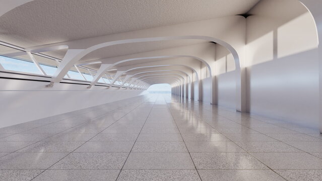 long corridor with smooth walls and a shiny floor. Large windows allow natural light to fill the open space. scene is bright and inviting. 3d render