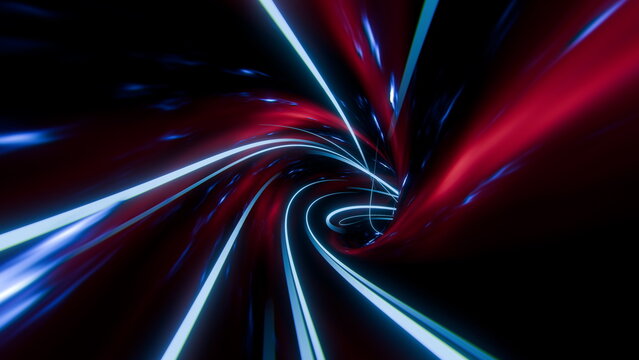 Bright blue and red light trails spiral and twist in a dark space, creating an illusion of deep movement and energy in a digital environment. 3d render