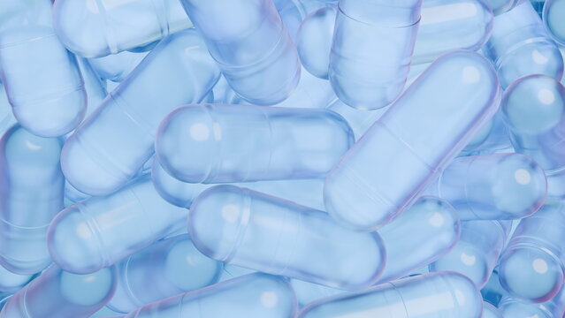 Translucent capsules are spread out on a flat surface. capsules are of various sizes and shapes, creating a visual focus on their details and colors. 3d render