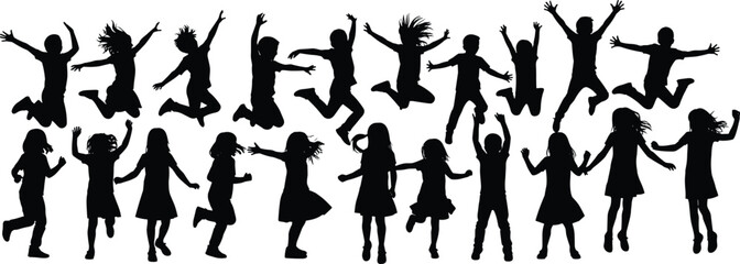 Silhouettes of joyful children jumping, running, dancing, playful kids in motion, energetic poses, group activity illustration, black child figures isolated on white background