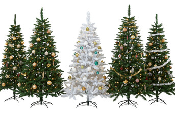 five perfectly shaped artificial christmas trees (flocked, traditional, monochromatic) in a staggered display, isolated on a brilliant white studio cyclorama. concept for diverse holiday design