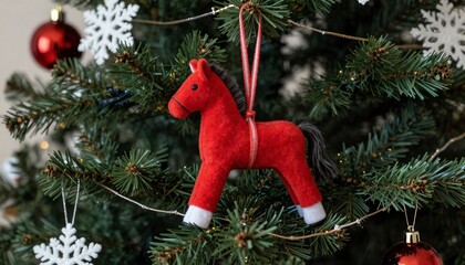 Festive red horse ornament hanging on a decorated Christmas tree with snowflakes