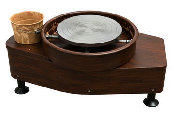 Electric wooden pottery wheel machine with plastic bucket on a transparent background