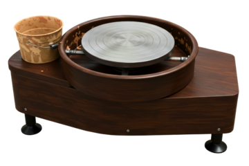 Electric wooden pottery wheel machine with plastic bucket on a transparent background