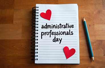 A notepad with hearts and administrative professionals day text sits on a wooden desk next to a pencil. This is a visual to honor admin staff and their work.