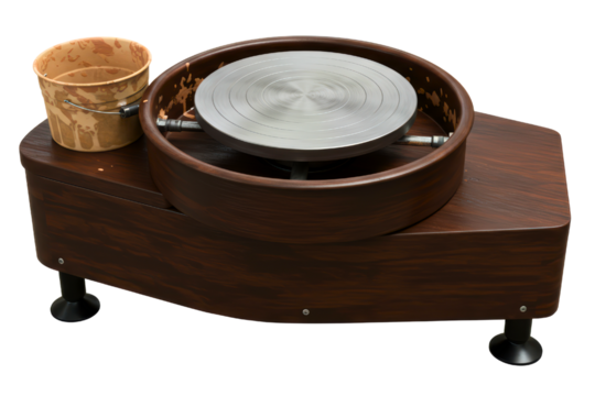 Electric wooden pottery wheel machine with plastic bucket on a transparent background - Powered by Adobe