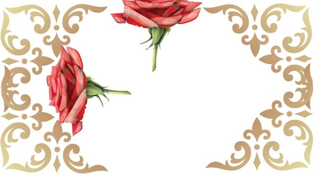 draw scenery of various red rose flower decorate with golden frame on abstract screen background
