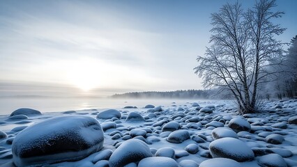 Snowy rocky shoreline with bare tree at sunrise or sunset on a calm lake