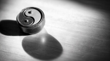 A yin yang symbol rotating slowly, black and white balance in morning light. event programs, museum guides, designed for cultural heritage projects and event programs, supports education.