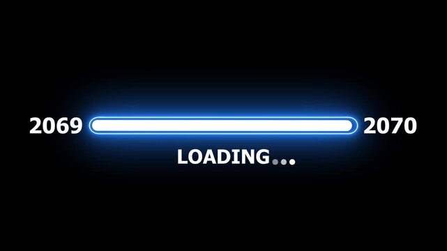New year 2070 loading bar animation Year changing from 2069 to 2070 . Loading bar from 2069 to 2070 new year transfer animation. Almost reaching New Year on black background.