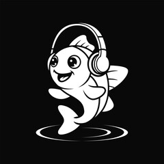 Cute Cartoon Fish Listening to Music with Headphones - Vector Mascot Logo
