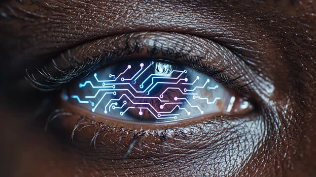Close up bionic eye on dark skin, showing glowing circuit board pattern within iris. Digital bionic eye represents future technology, artificial intelligence, and human augmentation.