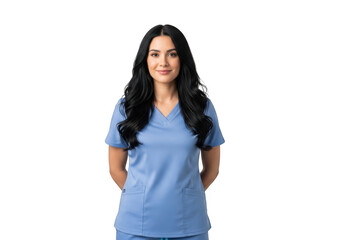 Fototapeta premium A professional healthcare worker wearing light blue scrubs stands confidently with hands behind her back isolated on transparent background