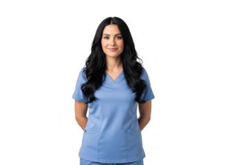 A professional healthcare worker wearing light blue scrubs stands confidently with hands behind her back isolated on transparent background