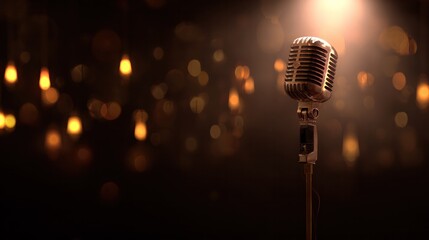 The retro microphone under the eye-catching spotlight on the dark stage evokes a nostalgic concert atmosphere.