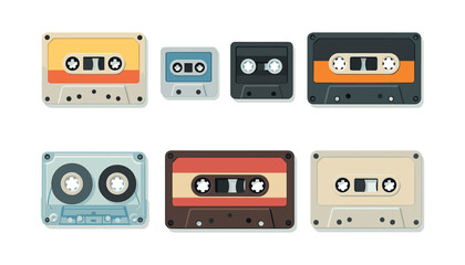 Retro cassette tapes collection, flat vector illustration of vintage audio music