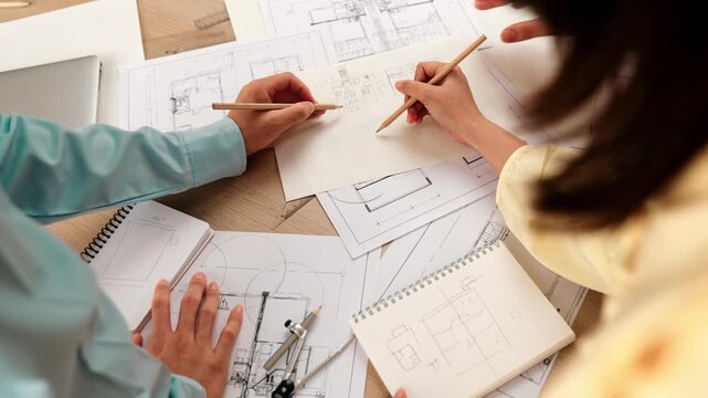 Professional engineer team discussion about house design on meeting table with architectural equipment and building blueprint scatter around at modern office. Focus on hand. Closeup. Delineation.
