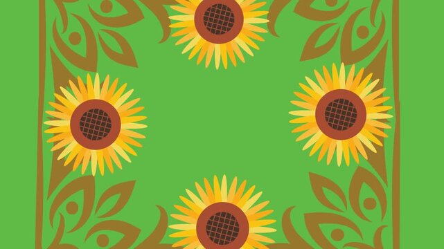 draw scenery of various sunflower decorate with colourful butterfly enclose by golden frame in square shape on green screen background
