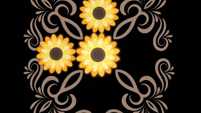 draw various yellow sunflower decorate with golden frame on black screen background
