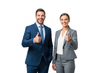Smiling business professionals giving thumbs up gesture of approval and success isolated on transparent background