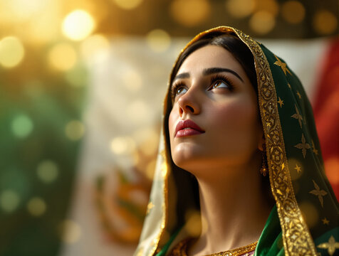 Beautiful Woman Representing Our Lady of Guadalupe, Looking Up to Heaven