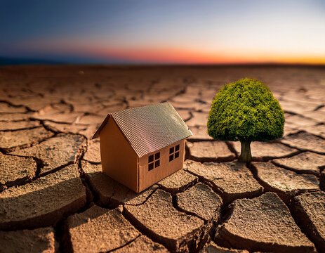 Small House and Bare Tree on Cracked Dry Ground at Sunset