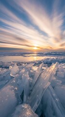 A serene winter landscape with ice formations at sunset on a frozen lake or sea with vibrant sky