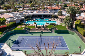 Pool and Tennis Pickleball Court Large Home Aerial
