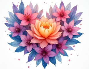 Obraz premium Arrangement of vibrant flowers and leaves forming a heart shape. Delicate petals in pink, purple, and orange hues surround a central bloom. Blue foliage adds contrast. Perfect for love-themed designs.