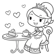Kawaii Princess Tea Party coloring page for kids
